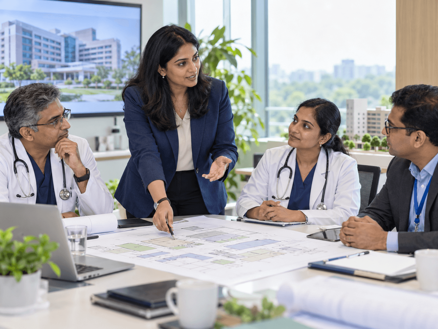 Healthcare consultant discussing an institutional plan with doctors and an administrator