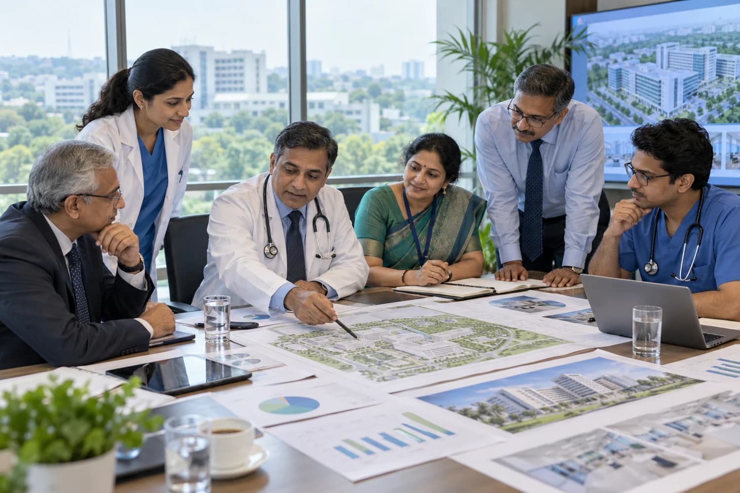Healthcare and medical college leaders reviewing an institutional expansion plan
