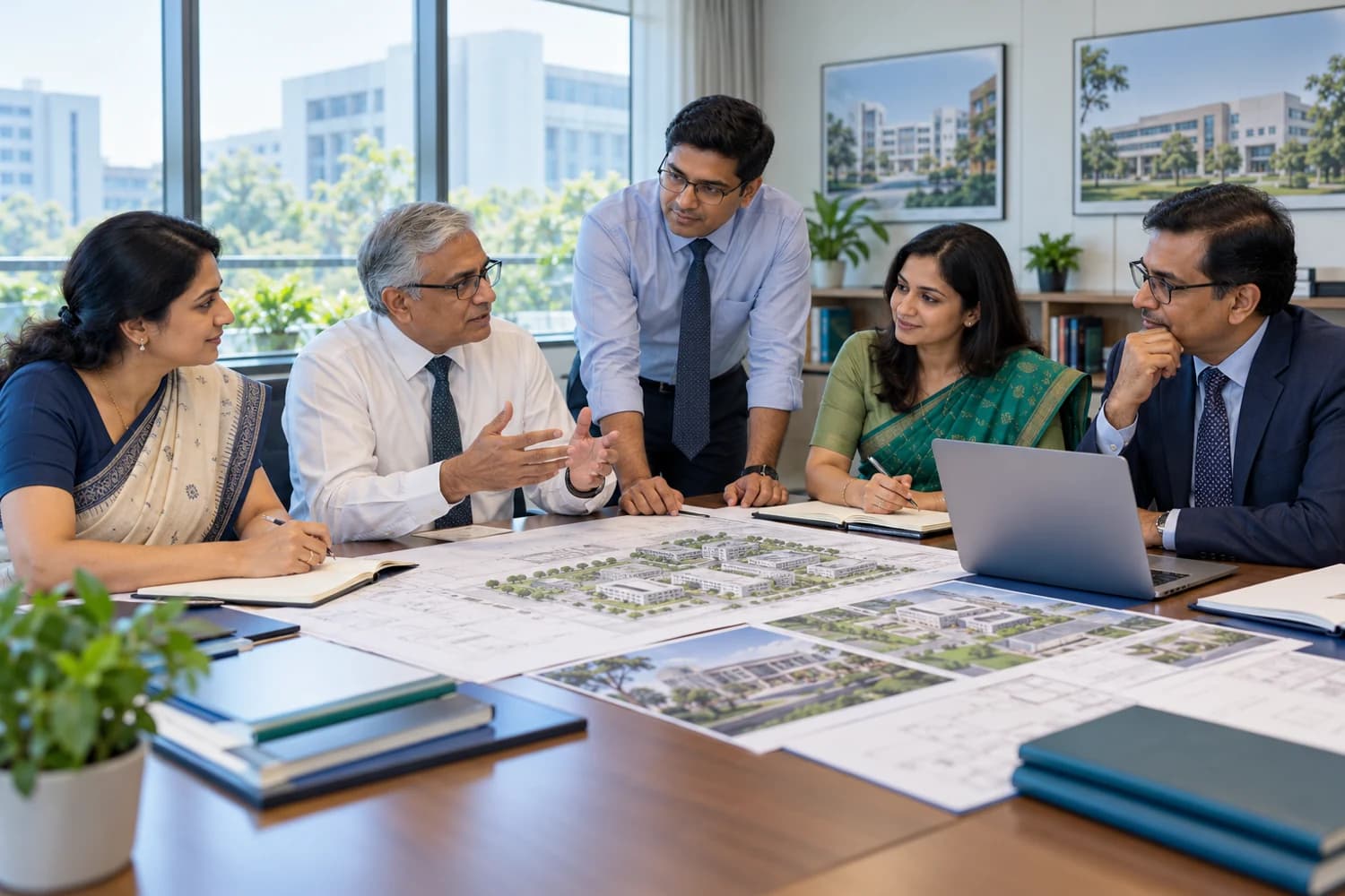 Medical college leaders reviewing academic and campus development plans